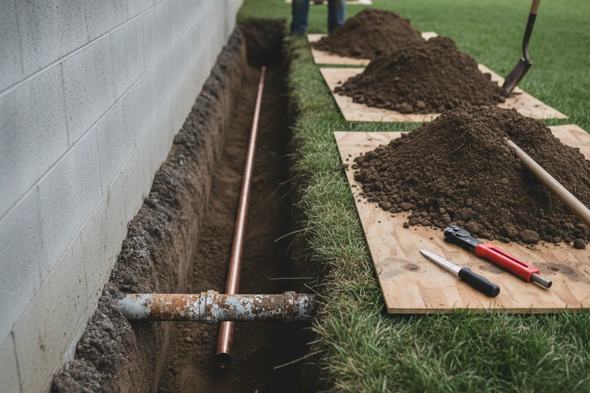 Excavated water line trench during Sewer Line Repair in Marne